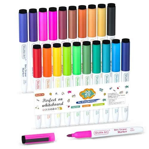 Shuttle Art Whiteboard Marker, 20 Farben Magnet Whiteboard Stifte mit Radiergummi, abwischbar, Whiteboard-Marker mit feiner Spitze, auf Whiteboards, magnetischen Schreibtafeln, Spiegeln schreiben kann von Shuttle Art