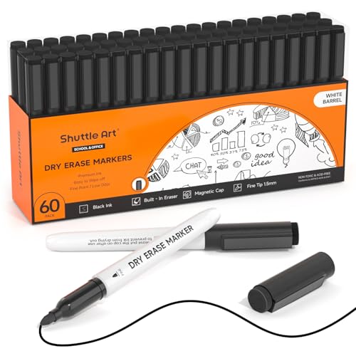 Shuttle Art Whiteboard Stifte Set, 60 schwarze Magnet-Whiteboard-Marker mit Radiergummi und feiner Spitze, abwischbar, für Whiteboards, magnetischen Schreibtafeln, Spiegeln geeignet von Shuttle Art