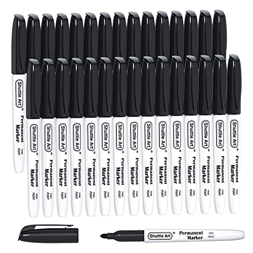 Shuttle Art Permanent Marker fein, 30 Permanent Marker schwarz mit feiner Spitze, wasserfeste Stifte, Folienstift permanent, Filzstifte, für Kunststoff, Stein, Glas zum Bemalen und Markieren geeignet von Shuttle Art