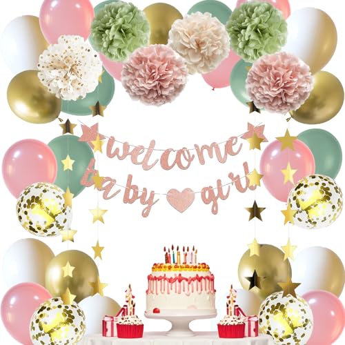 Shyhfdc Dusty Pink and Sage Green Baby Shower Decorations for Girls, Pink and Green Party Decorations with Welcome Baby Girl Banner Balloons Pom Poms Star Garland Baby Girl Decorations for Shower Shyhfdc Dusty Pink and Sage Green Baby Shower Decorations for Girls, Pink and Green Party Decorations with Welcome Baby Girl Banner Balloons Pom Poms Star Garland Baby Girl Decorations for Shower von Shyhfdc