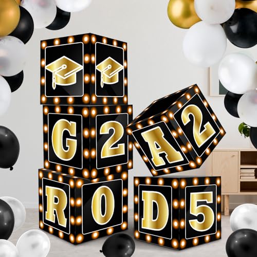 Shyyween 5 Stück 2025 Abschluss-Dekorationen, Ballon-Boxen, Glitzer-Ballon-Boxen 2025, Abschlussfeier, Party-Dekorationen für Mittelschule, High School, Party-Dekoration (Schwarz und Gold) von Shyyween