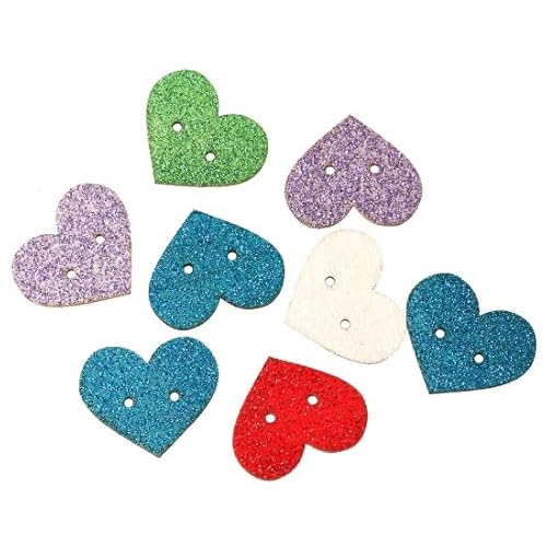 SiAura Material - 10 Stück Holzknöpfe Herz Form mit Glitzer 25x30 mm, zufällig gemischt, 2 Löcher I Zum Nähen, Basteln und Dekorieren von SiAura Material