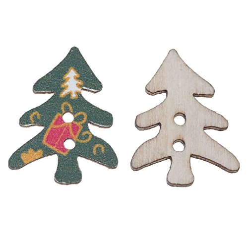 SiAura Material - 50 Stück Holzknöpfe Weihnachten Weihnachtsbaum Muster 25mm x 19mm, dunkelgrün, 2 Löcher I Zum Nähen, Basteln und Dekorieren von SiAura Material