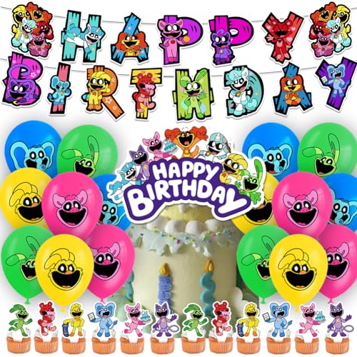 SiSfeL 30pcs Cartoon Birthday Party Decorations, Smiling Party Balloon Decorations, Smiling Balloons Happy Birthday Banner Cake Toppers for Kids Boys von SiSfeL