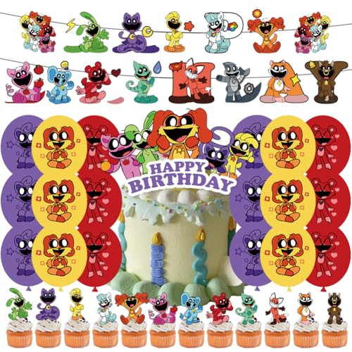 SiSfeL 32pcs Cartoon Birthday Party Decorations, Smiling Party Balloon Decorations, Birthday Banner Smiling Latex Balloons Cupcake Toppers for Birthday Party Supplies Kids von SiSfeL