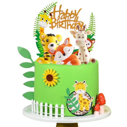 SiSfeL 4 pcs Forest Animals Cake Decoration,Jungle Animal Happy Birthday Cake Toppers,Waldtiere Figuren Cake Topper,Geeignet für Tiere Tortendeko,Jungle Forest Animals Birthday Party Deco von SiSfeL