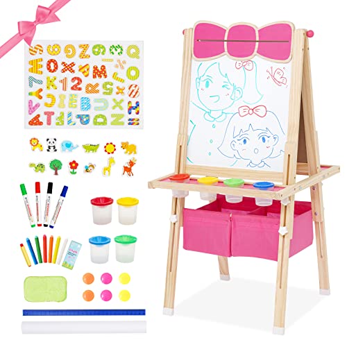 Kinder Staffelei mit Papierrolle Kinder Holz Spielbrett Höhe Einstellbar Schöne Bogen Design Doppelseitige Whiteboard und Tafel Staffelei mit Zahlen und anderem Zubehör als Geschenk von Siairo