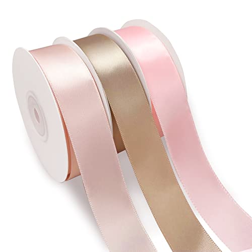 3 Roller Satinband 25mm, 22 Meter Dekoband Schleifenband, Geschenkband zum Dekorieren Basteln, Stoffband für Hochzeit, Taufe und Geburtstag Geschenke(Beige, Hellrosa, Champagner) von Sibosen