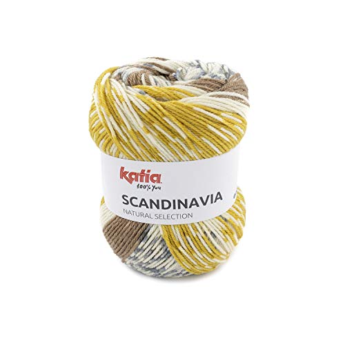 100g Katia Scandinavia - Farbe 303 senfgelb/rehbraun/grau - exquisites, hochwertiges Garn mit revolutionärem elektronisch generierter Färbung von Sibylles Geschenkeartikel