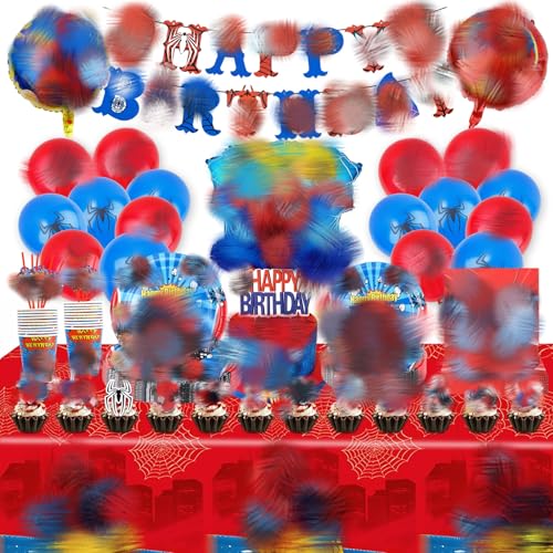 Geburtstagsparty-Dekorationen, 90-teiliges Partygeschirr-Set, Partyzubehör, Luftballons, Spinnen-Charakter, Geburtstagsdekorationen, Kuchendekoration, Servietten, Geburtstagsbanner, Teller, Tasse Geburtstagsparty-Dekorationen, 90-teiliges Partygeschirr-Set, Partyzubehör, Luftballons, Spinnen-Charakter, Geburtstagsdekorationen, Kuchendekoration, Servietten, Geburtstagsbanner, Teller, Tasse von Sidesea