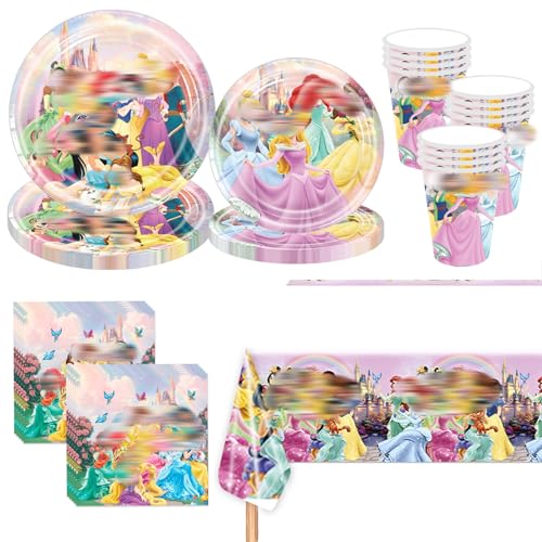 Prinzessin Partygeschirr Geburtstag, 81 Stück Party Geschirr Deko Set, Partygeschirr Kindergeburtstag Enthalten Teller Pappbecher Servietten Rosa Tischdecken, Prinzessinnen Deko Geburtstag Mädchen von Sidesea