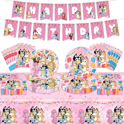 Partygeschirr Geburtstagsdeko, 42 Stück Bluey birthday decorations Party Deko Geburtstag cake topper deko kindergeburtstag Rosa Geburtstagsdeko Party Set Banner, Tischdecken, Teller und Servietten von Sidesea