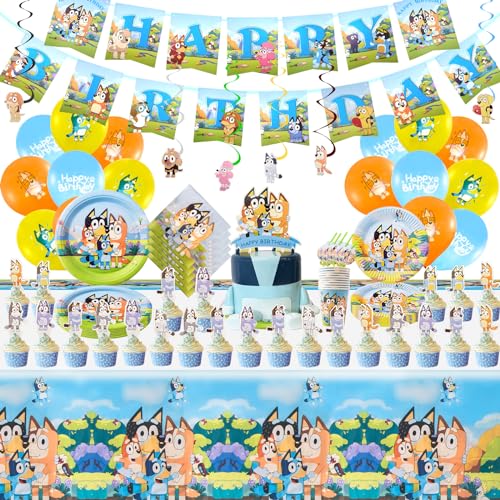 Partygeschirr Geburtstagsdeko, 111 Stück Bluey birthday decorations Party Deko Geburtstag cake topper deko teller pappteller kindergeburtstag luftballons tischdecke geburtstag für 10/20 Personen von Sidesea