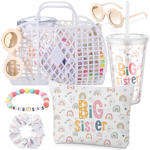 Sieral 6 Stück große Schwester, Geschenke für Mädchen, 425 ml, große Schwester, niedliche Make-up-Tasche, Haargummis, Armband, Geschwister-Geschenkkorb für Babyparty, Geburtstag, Babyparty von Sieral