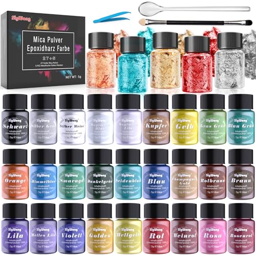 Epoxidharz 27 Farbe Mica Pulver 5 Farben Goldfolie Perlglanz Natürliches kosmetisches Pigment für Seifenfarbe, Lipgloss, Nagellack, Make-up, , Kerzenherstellung, Schleim von SigWong