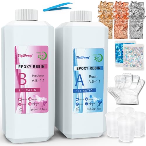 Epoxidharz mit Härter 1100ml set glasklar Gießharz für Holz - 2 teiliges Gießharz für Kunst, Schmuckherstellung- Mit Pigment, Blattgold, Glitzer, Handschuhe, Mischstab, Messbecher, Pinzette, Pipetten von SigWong