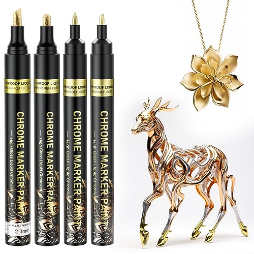 Metallic Stifte Set - 4 Stück Metallic Chrom Marker, Wasserfest Steine bemalen stifte, Glänzender Permanenter Flüssiger Acrylstifte für Holz, Harzmalerei, Modellieren, Bastel, Glass - Gold Metallic Stifte Set - 4 Stück Metallic Chrom Marker, Wasserfest Steine bemalen stifte, Glänzender Permanenter Flüssiger Acrylstifte für Holz, Harzmalerei, Modellieren, Bastel, Glass - Gold von SigWong