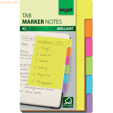 6 x Sigel Tab Marker Notes Papier 100x148mm mit großem Notizfeld 6 Far von Sigel
