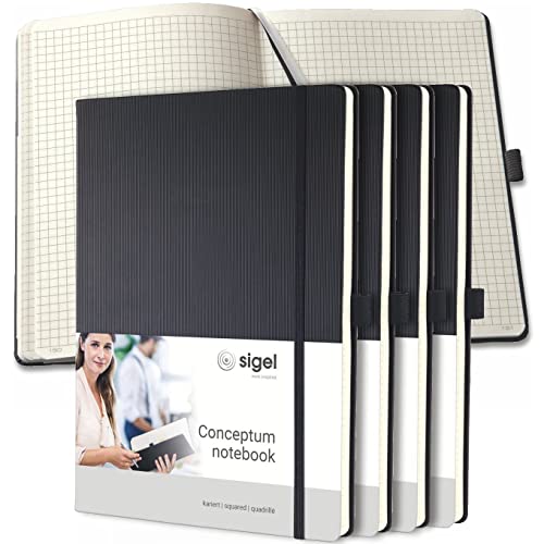 Sigel CO111/5 Notizbuch A4 kariert schwarz, Hardcover, 194 nummerierte Seiten, 5er Pack, mit Inhaltsverzeichnis, Stiftschlaufe, Falttasche, Gummibandverschluss, Conceptum von Sigel