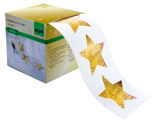 SIGEL CS112 Weihnachts-Sticker auf Rolle | 200 Aufkleber | 4,7 x 4,7 cm | Sterne gold "Christmas Stars" von Sigel