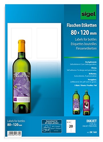 SIGEL DE160 Flaschenetiketten, 20 Stück, hochweiß, für InkJet-Drucker (A4 Papier, hochglänzend, 80 x 120 mm), zum Selbstgestalten von Geschenken von Sigel