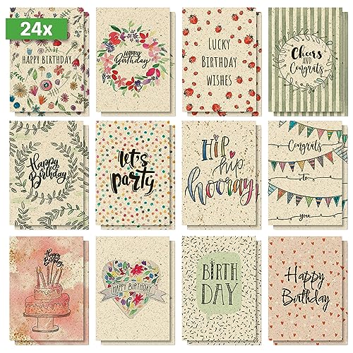 SIGEL DS702 Geburtstags-Postkarten-Set, 24 Stück, "Happy Grassy Birthday", A6, 12 unterschiedliche Geburtstagskarten aus nachhaltigem Graskarton, aus nachhaltigem Papier von Sigel