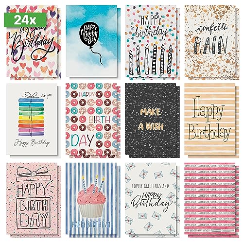 SIGEL DS703 Geburtstags-Postkarten-Set, 24 Stück, "Colourful Birthday Fun", A6, 12 unterschiedliche Geburtstagskarten, aus nachhaltigem Papier von Sigel
