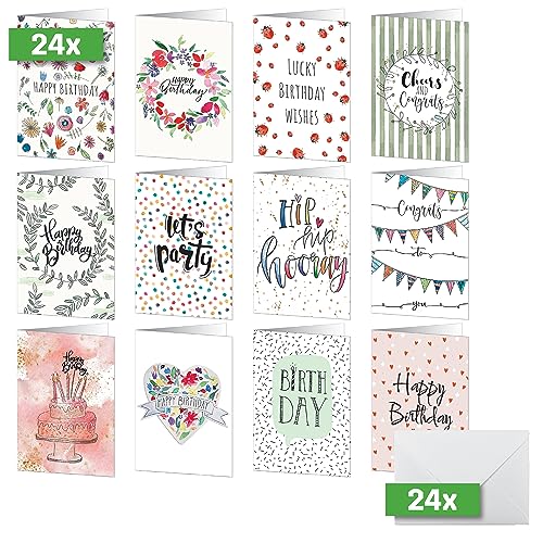 SIGEL DS704 Geburtstags-Karten-Set, 24 Stück, A6, inkl. weiße Umschläge, 12 unterschiedliche Geburtstagskarten, aus nachhaltigem Papier von Sigel