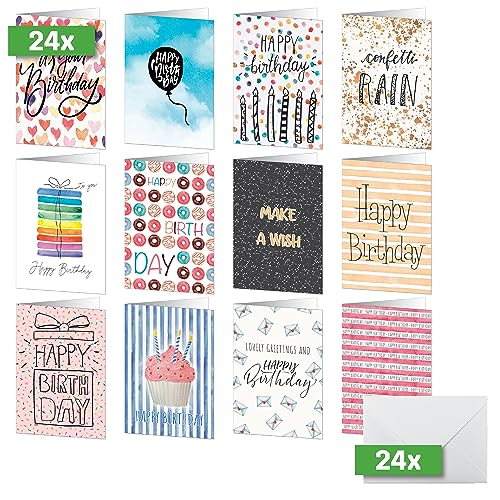 SIGEL DS705 Geburtstags-Karten-Set, 24 Stück, A6, inkl. weiße Umschläge, 12 unterschiedliche Geburtstagskarten, aus nachhaltigem Papier von Sigel