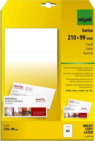SIGEL Designkarte, Inkjet/Laser/Kopierer, Strukturkarton, 185 g/m², 105 x 210 mm, weiß (60 Stück), Sie erhalten 1 Packung á 60 Stück von Sigel