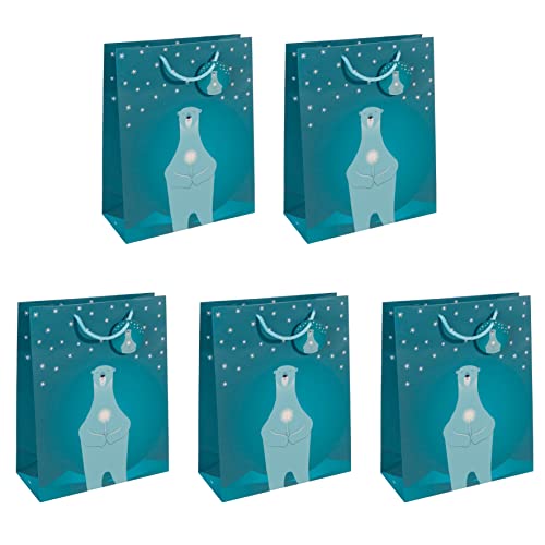SIGEL GT052/5 große Papier-Geschenktüten | 5er Set | 33 x 26 cm | petrolblau | Weihnachten | "Polar bear with candle" von Sigel