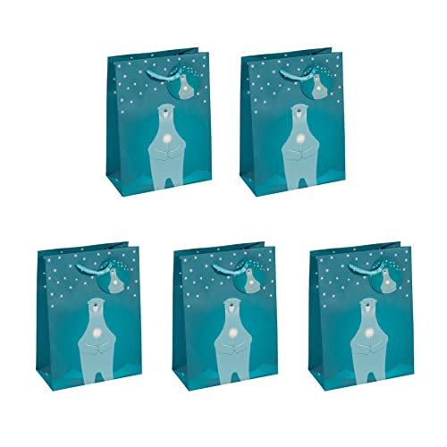 SIGEL GT053/5 mittelgroße Papier-Geschenktüten | 5er Set | 23 x 17 cm | petrolblau | Weihnachten | "Polar bear with candle" von Sigel