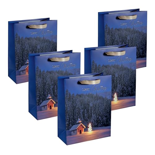 Sigel GT115/5 große Premium Geschenktüten aus Papier, 5er Set, 26 x 33 cm, Christmas Chapel, Papier-Geschenktaschen Weihnachten von Sigel