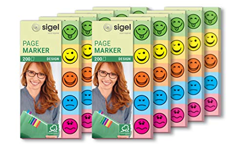 SIGEL HN502/10 Haftmarker Design Smileys aus Papier, 10 Stück á 200 Streifen im Format 20 x 50 mm, 5 Farben von Sigel