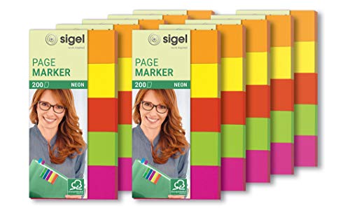 SIGEL HN655/10 Mini-Haftmarker Neon aus Papier, 5 Farben, 10 Stück á 200 Streifen im Format 12 x 50 mm von Sigel