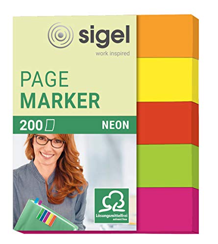 SIGEL HN655 Mini-Haftmarker Neon aus Papier, 5 Farben, 200 Streifen im Format 12 x 50 mm von Sigel