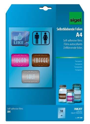 SIGEL IF130 InkJet-Folien A4, 10 Blatt, selbstklebend, transparent, stapelverarbeitbar, 140 µm von Sigel