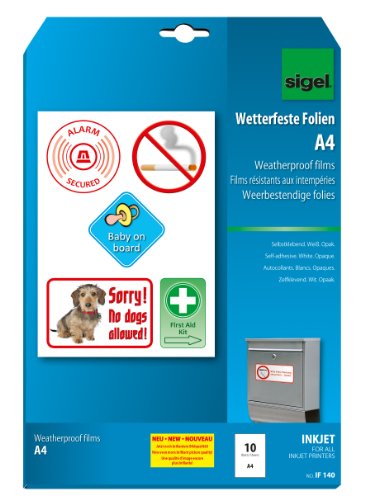 SIGEL IF140 InkJet-Folien A4, 10 Blatt, wetterfest, opak, selbstklebend, für Innenanwendungen und kurzfristige Außeneinsätze SIGEL IF140 InkJet-Folien A4, 10 Blatt, wetterfest, opak, selbstklebend, für Innenanwendungen und kurzfristige Außeneinsätze von Sigel