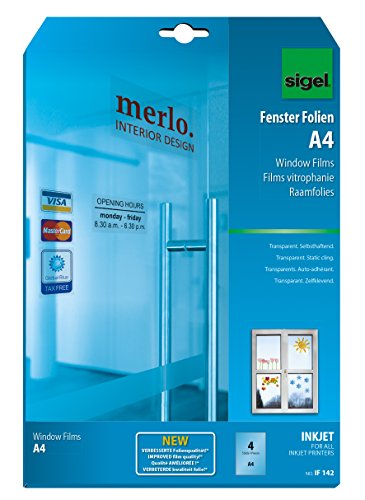 SIGEL IF142 InkJet-Fenster-Folien A4, 4 Blatt, klar, selbsthaftend, mehrfach ablösbar von Sigel