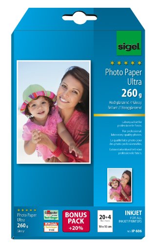 SIGEL IP606 InkJet-Fotopapier Ultra, 10x15 cm, 260 g, 20 + 4 Blatt gratis, hochglänzend, extrem lichtbeständig, für hochwertige Fotografien von Sigel