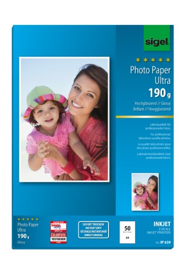 SIGEL IP639 InkJet-Fotopapier Ultra, A4, 50 Blatt, hochglänzend, extrem lichtbeständig, 190 g, für hochwertige Fotografien von Sigel