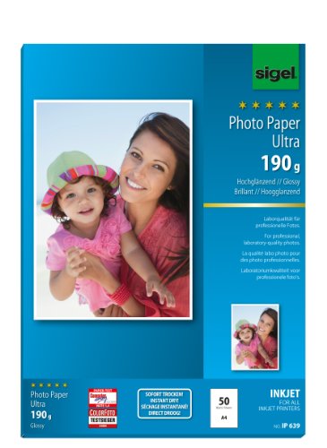 SIGEL IP639 InkJet-Fotopapier Ultra, A4, 50 Blatt, hochglänzend, extrem lichtbeständig, 190 g, für hochwertige Fotografien SIGEL IP639 InkJet-Fotopapier Ultra, A4, 50 Blatt, hochglänzend, extrem lichtbeständig, 190 g, für hochwertige Fotografien von Sigel