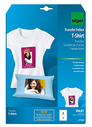 SIGEL IP650 Transferpapier Transferfolie Bügelfolie für helle Textilien und Tintenstrahldrucker, 3 Blatt A4 von Sigel