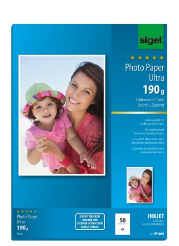 SIGEL IP669 InkJet Fotopapier Ultra, A4, 50 Blatt, seidenmatt, extrem lichtbeständig, 190 g, für hochwertige Fotografien von Sigel