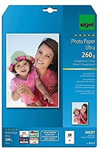 SIGEL IP677 InkJet-Fotopapier Ultra, A4, 20 Blatt, hochglänzend, extrem lichtbeständig, 260 g , für hochwertige Fotografien von Sigel