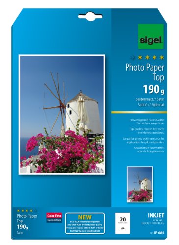SIGEL IP684 InkJet Fotopapier Top, A4, 20 Blatt, seidenmatt, hochweiß, 190 g, für hochwertige Fotografien von Sigel