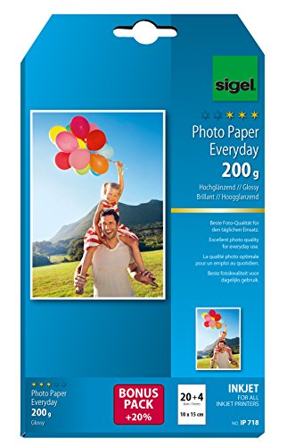 SIGEL IP718 InkJet Fotopapier 10x15 cm, 20 + 4 Blatt gratis, hochglänzend, weiß, 200 g, für hochwertige Fotografien von Sigel