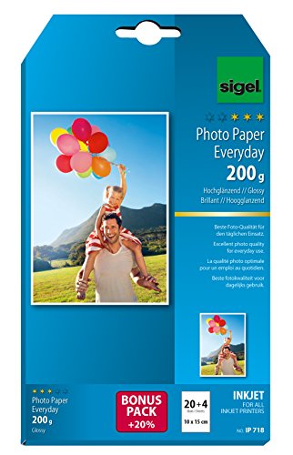 SIGEL IP718 InkJet Fotopapier 10x15 cm, 20 + 4 Blatt gratis, hochglänzend, weiß, 200 g, für hochwertige Fotografien SIGEL IP718 InkJet Fotopapier 10x15 cm, 20 + 4 Blatt gratis, hochglänzend, weiß, 200 g, für hochwertige Fotografien von Sigel