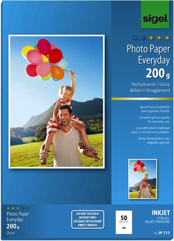 SIGEL Inkjetpapier Photo Paper Everyday, A4, 200 g/m², weiß, hochglänzend (50 Blatt), Sie erhalten 1 Packung á 50 Blatt von Sigel