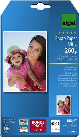 SIGEL Inkjetpapier Photo Paper Ultra, 10 x 15 cm, 260 g/m², weiß, hochglänzend (72 Blatt), Sie erhalten 1 Packung á 72 Blatt von Sigel